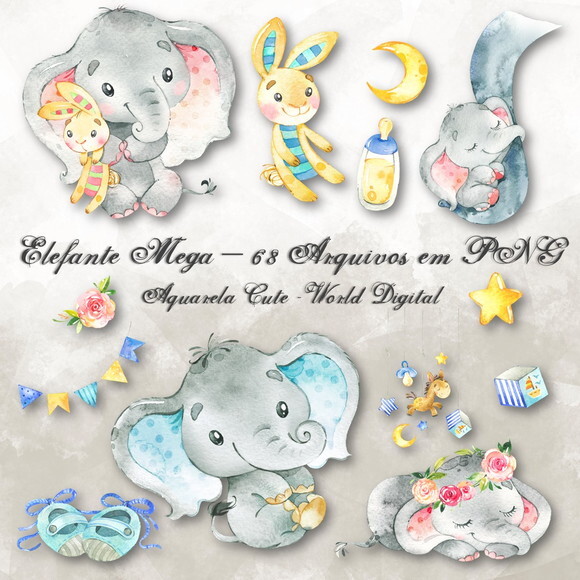 Kit Arquivo Digital em PNG Aquarela Cute Elefante Mega