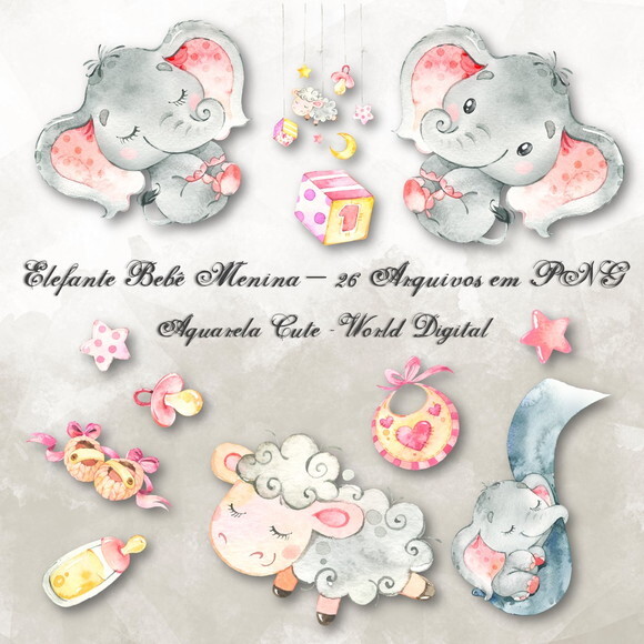 Kit Arquivo Digital em PNG Aquarela Cute Elefante Menina
