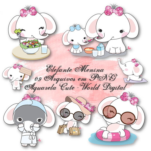 Kit Arquivo Digital em PNG Aquarela Cute Elefante Menina