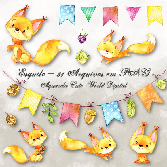 Kit Arquivo Digital em PNG Aquarela Cute Esquilo