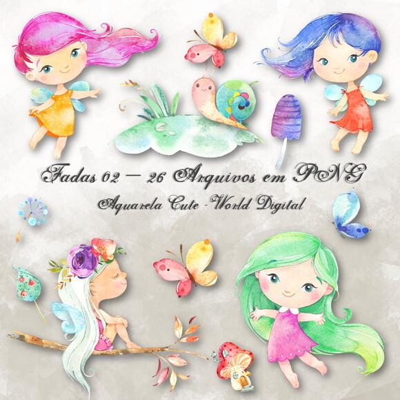 Kit Arquivo Digital em PNG Aquarela Cute Fadas 02