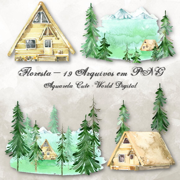 Kit Arquivo Digital em PNG Aquarela Cute Floresta