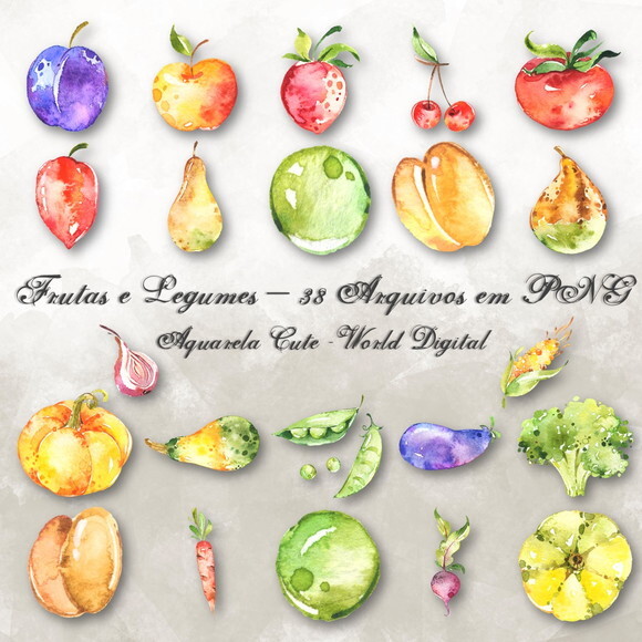 Kit Arquivo Digital em PNG Aquarela Cute Frutas e Legumes