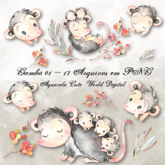 Kit Arquivo Digital em PNG Aquarela Cute Gambá 01
