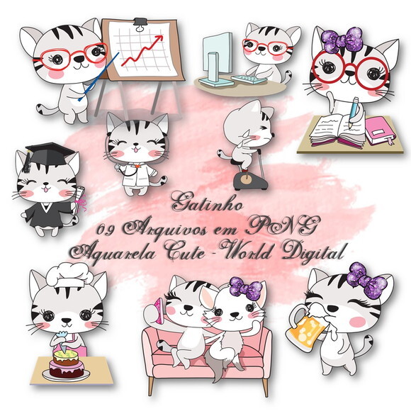 Kit Arquivo Digital em PNG Aquarela Cute Gatinho