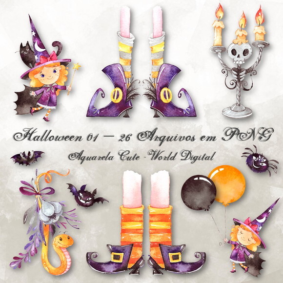 Kit Arquivo Digital em PNG Aquarela Cute Halloween 01
