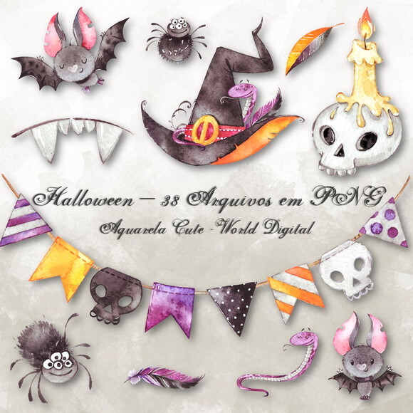 Kit Arquivo Digital em PNG Aquarela Cute Halloween