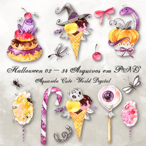 Kit Arquivo Digital em PNG Aquarela Cute Halloween 02