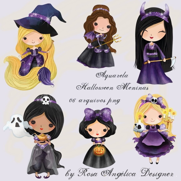 Kit Arquivo Digital em PNG Aquarela Cute Halloween Meninas