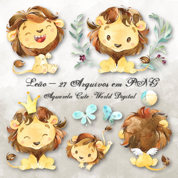 Kit Arquivo Digital em PNG Aquarela Cute Leão