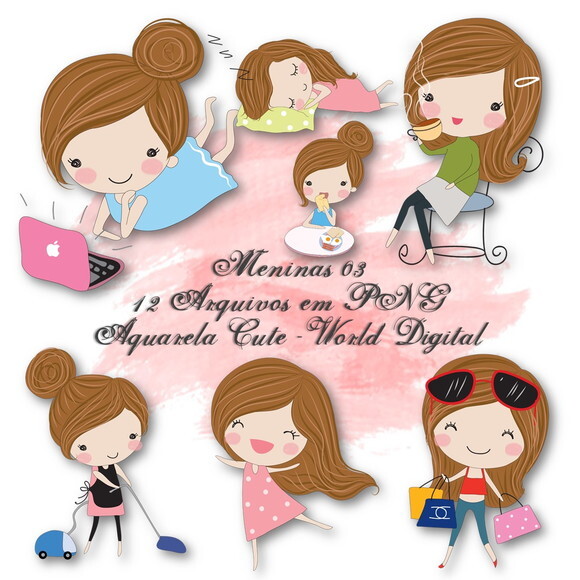 Kit Arquivo Digital em PNG Aquarela Cute Meninas 03