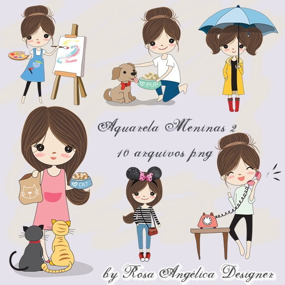 Kit Arquivo Digital em PNG Aquarela Cute Meninas 2