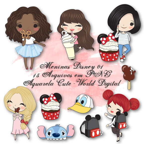 Kit Arquivo Digital em PNG Aquarela Cute Meninas Disney 01