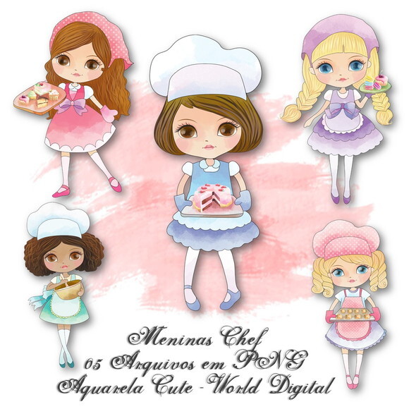 Kit Arquivo Digital em PNG Aquarela Cute Meninas Chef