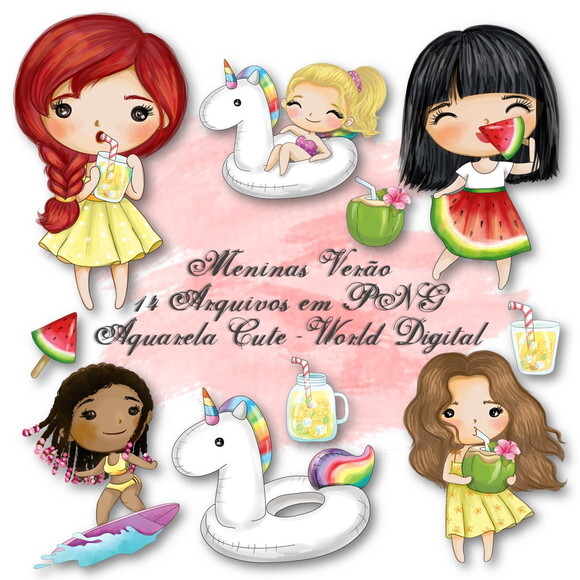 Kit Arquivo Digital em PNG Aquarela Cute Meninas Verão