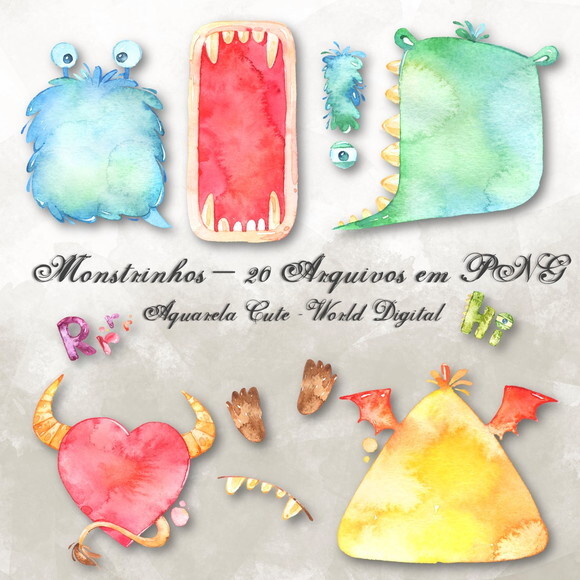 Kit Arquivo Digital em PNG Aquarela Cute Monstrinhos