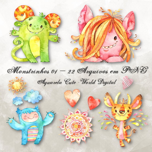 Kit Arquivo Digital em PNG Aquarela Cute Monstrinhos 01