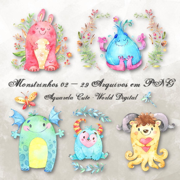 Kit Arquivo Digital em PNG Aquarela Cute Monstrinhos 02