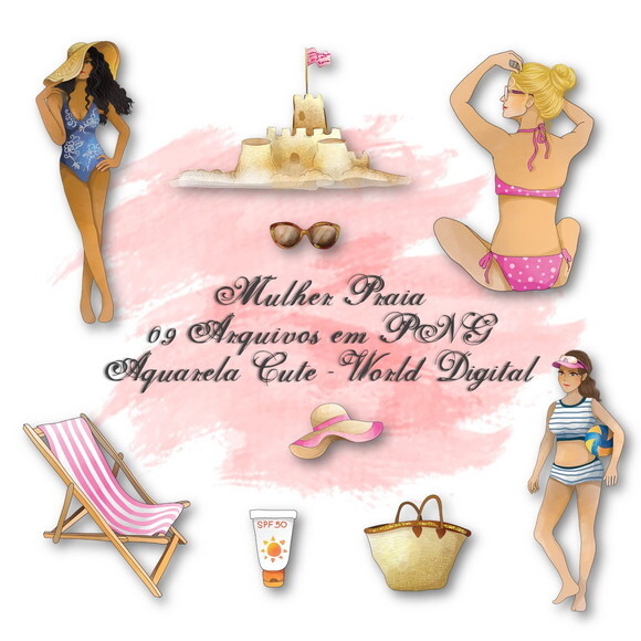 Kit Arquivo Digital em PNG Aquarela Cute Mulher Praia