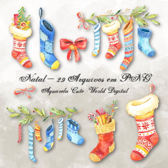 Kit Arquivo Digital em PNG Aquarela Cute Natal
