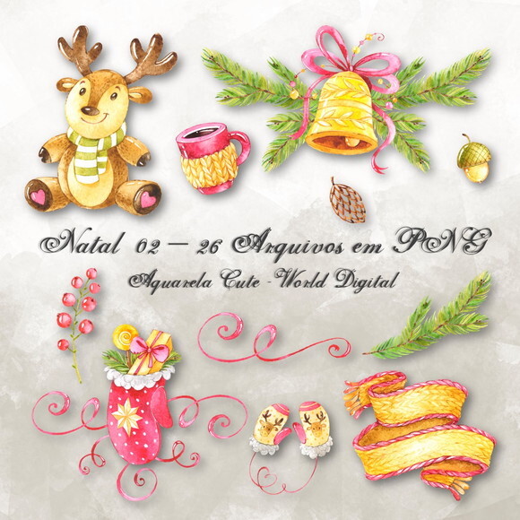 Kit Arquivo Digital em PNG Aquarela Cute Natal 02