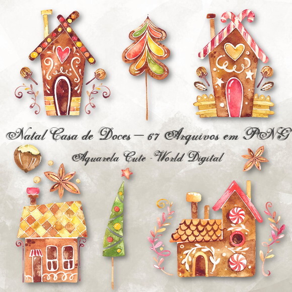 Kit Arquivo Digital em PNG Aquarela Cute Natal Casa Doces