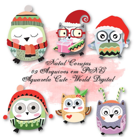 Kit Arquivo Digital em PNG Aquarela Cute Natal Corujas