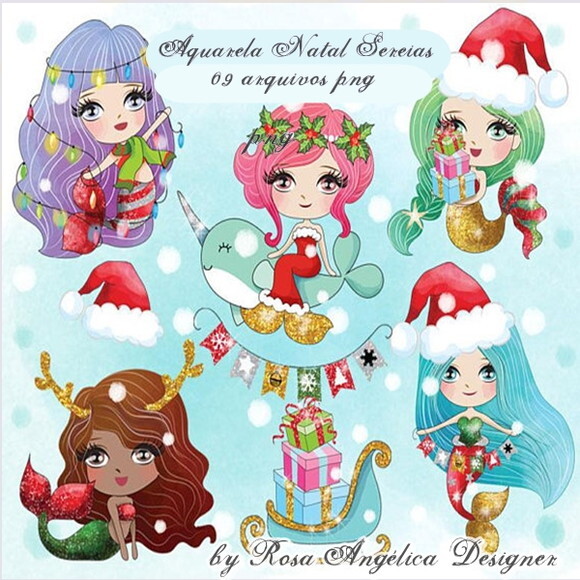 Kit Arquivo Digital em PNG Aquarela Cute Natal Sereias