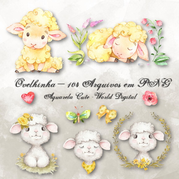 Kit Arquivo Digital em PNG Aquarela Cute Ovelhinha