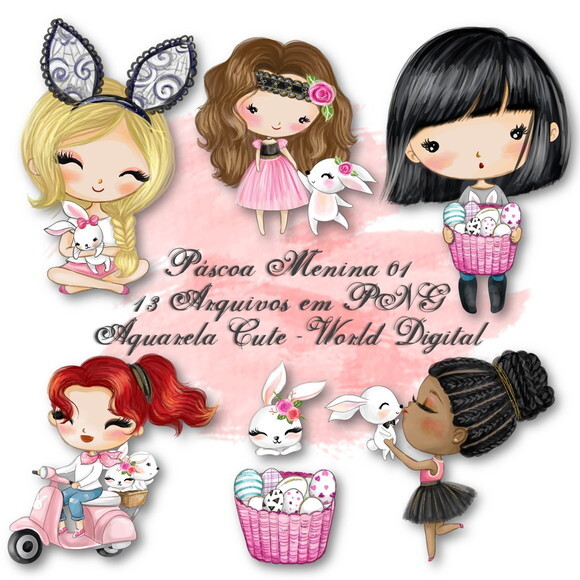 Kit Arquivo Digital em PNG Aquarela Cute Páscoa Meninas 01