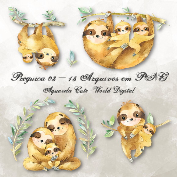 Kit Arquivo Digital em PNG Aquarela Cute Preguiça 03