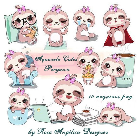 Kit Arquivo Digital em PNG Aquarela Cute Preguiça