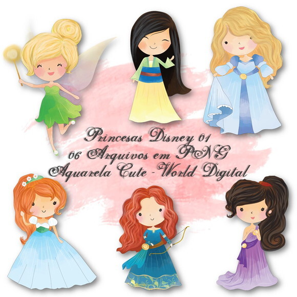 Kit Arquivo Digital em PNG Aquarela Cute Princesas Disney 01