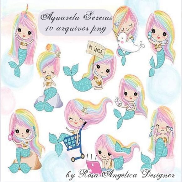 Kit Arquivo Digital em PNG Aquarela Cute Sereias
