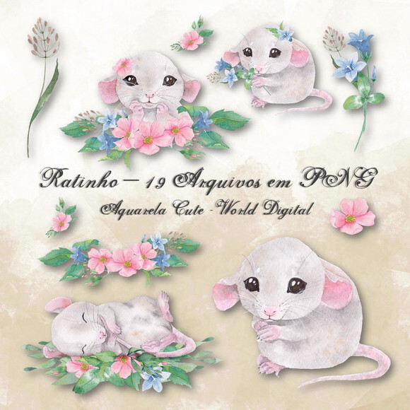 Kit Arquivo Digital em PNG Aquarela Cute Ratinho
