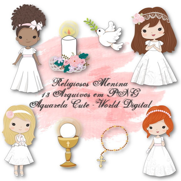 Kit Arquivo Digital em PNG Aquarela Cute Religiosos Menina