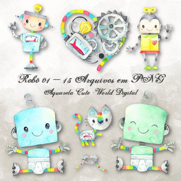 Kit Arquivo Digital em PNG Aquarela Cute Robôs 01