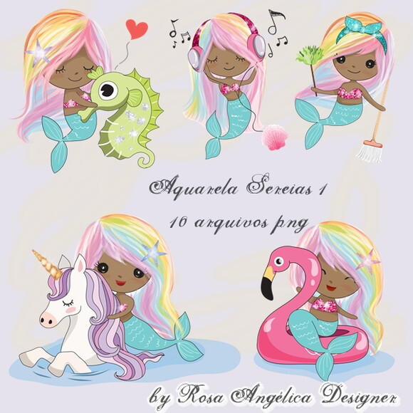 Kit Arquivo Digital em PNG Aquarela Cute Sereias 1