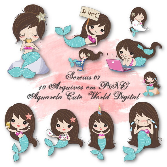 Kit Arquivo Digital em PNG Aquarela Cute Sereias 07