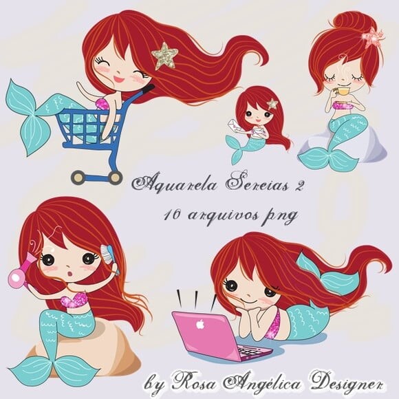 Kit Arquivo Digital em PNG Aquarela Cute Sereias 2