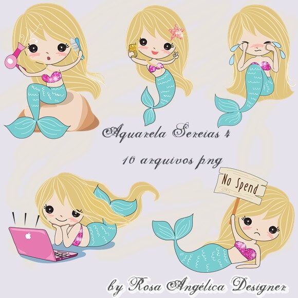 Kit Arquivo Digital em PNG Aquarela Cute Sereias 4