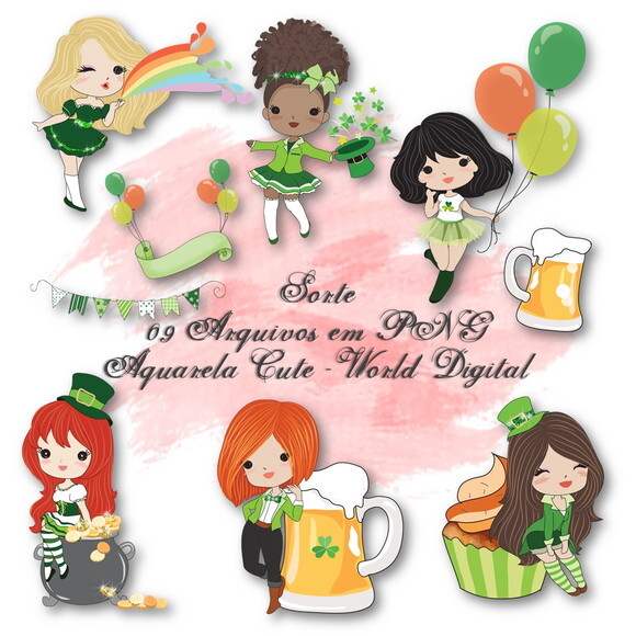Kit Arquivo Digital em PNG Aquarela Cute Sorte