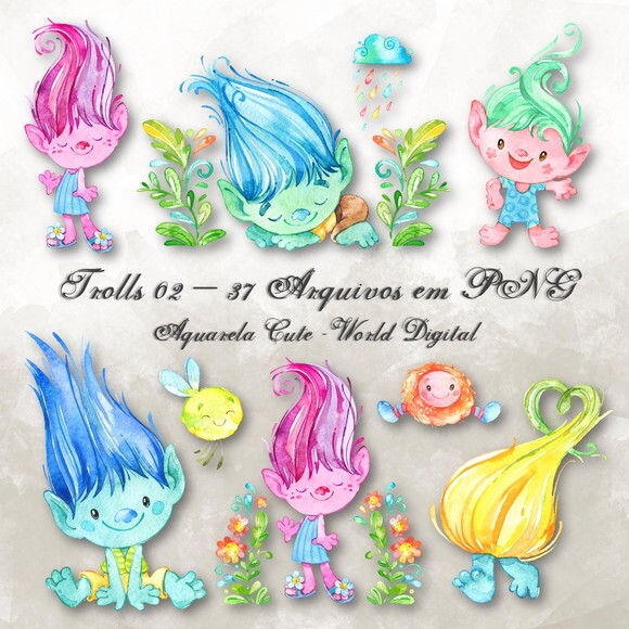 Kit Arquivo Digital em PNG Aquarela Cute Trolls 02