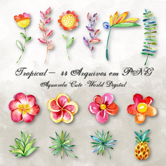 Kit Arquivo Digital em PNG Aquarela Cute Tropical