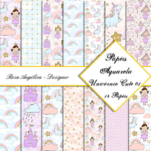 Kit Arquivo Digital em PNG Aquarela Cute Unicórnio 01