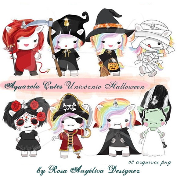 Kit Arquivo Digital em PNG Aquarela Cute Unicórnio Halloween