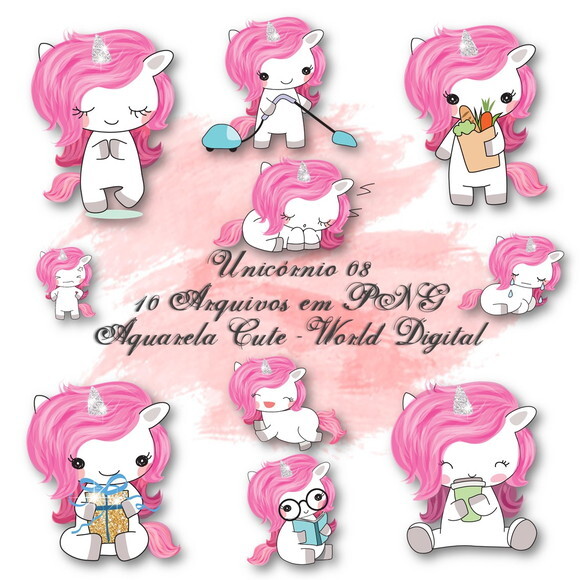 Kit Arquivo Digital em PNG Aquarela Cute Unicórnio 08