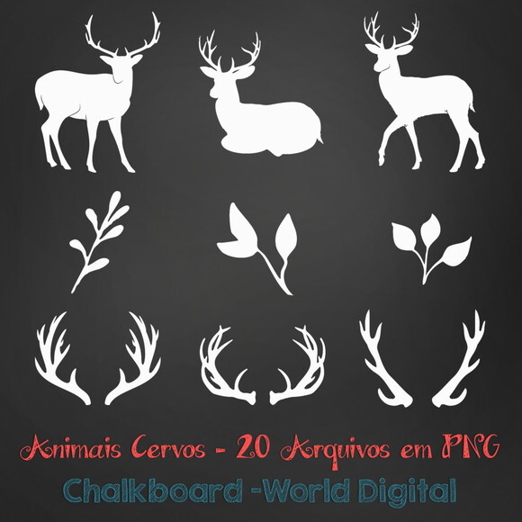Kit Arquivo Digital em PNG Chalkboard Animais Cervos