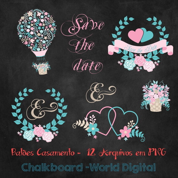 Kit Arquivo Digital em PNG Chalkboard Balões Casamento