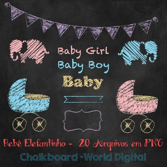 Kit Arquivo Digital em PNG Chalkboard Bebê Elefantinho